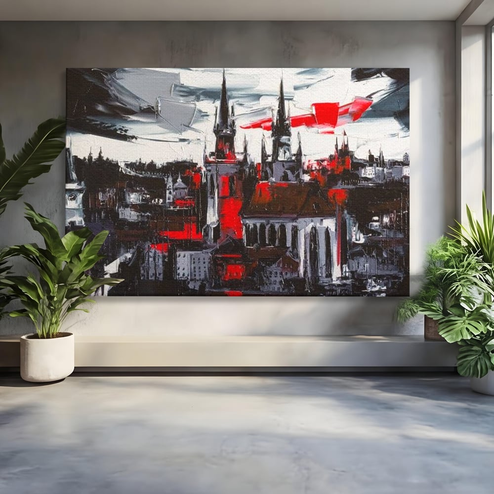 Tablou canvas cu pictura canvas cu turle gotice si accente rosii, fara rama, pe sasiu de lemn